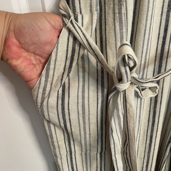 NWT Sonoma Linen Blend Jumpsuit- Light Tan with Gray/Blue Vertical Stripes, Sz L - Picture 6 of 13